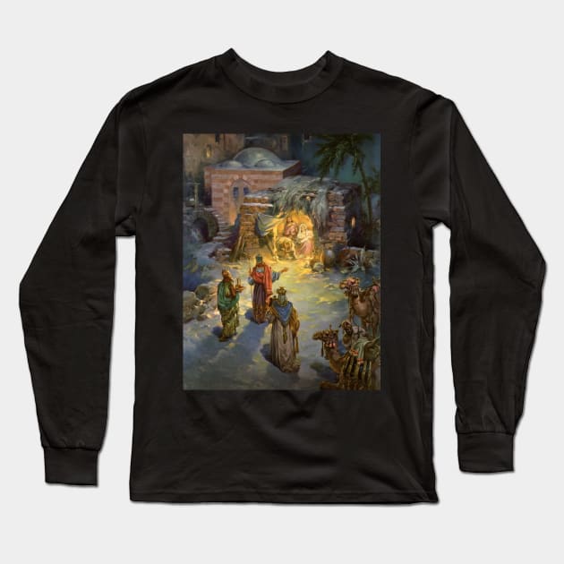 Vintage Christmas Nativity Scene Long Sleeve T-Shirt by MasterpieceCafe